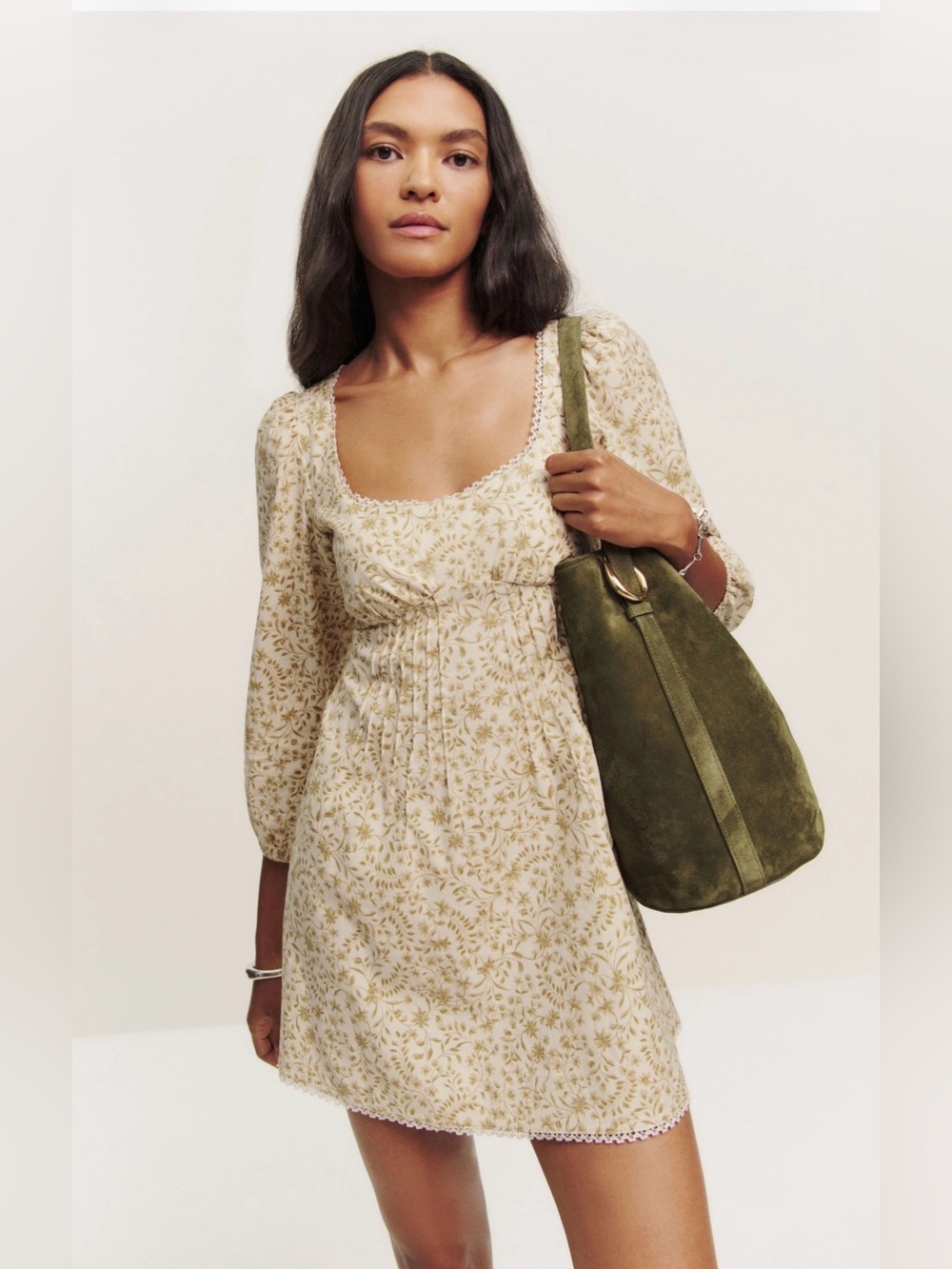 Reformation Cream Mini Dress with Gold Floral Print